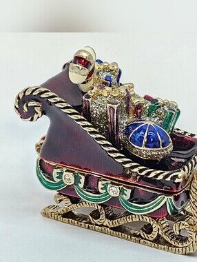 MONET Jeweled Crystal Enamel Chistmas Santa Sleigh Secret Jewelry/Ring/Pill Box